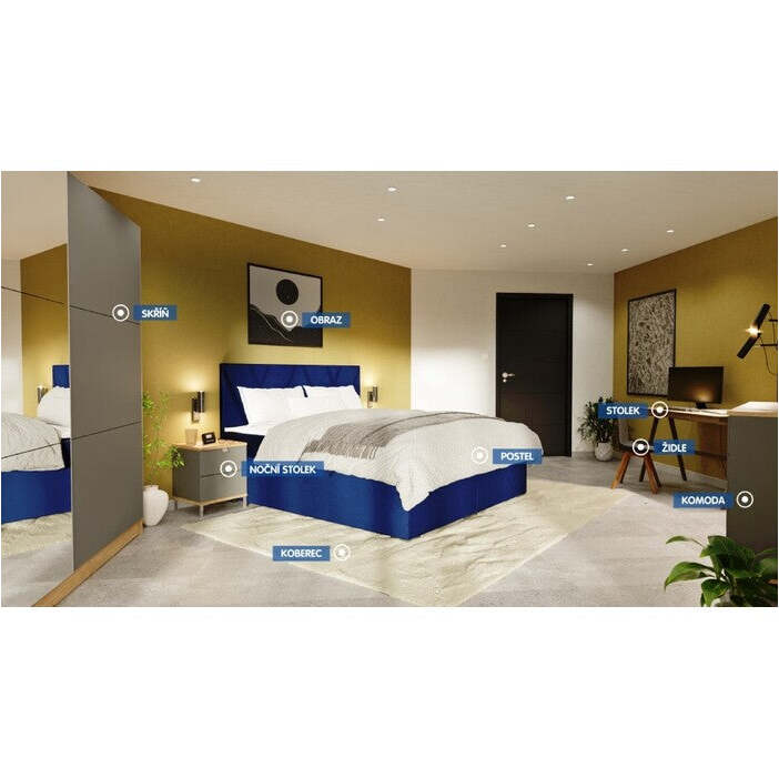 Čalouněná postel Kaya 160x200, modrá, vč. matrace a topperu