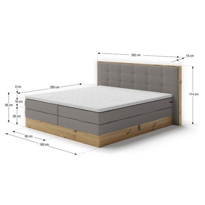 Postel Boxspring Frederic 180x200, šedá,dub, vč.matrace a topper