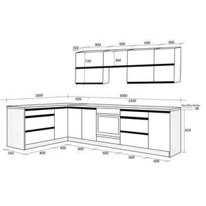 Rohová kuchyně Brick pravý/levý roh 300x182 cm (černá lesk/craft)
