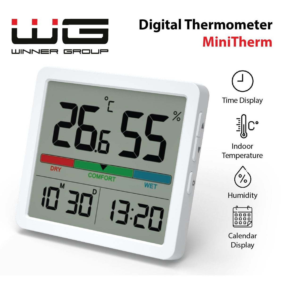 Vnitřní teploměr s vlhkoměrem a hodinami WG5 MiniTherm, bílá