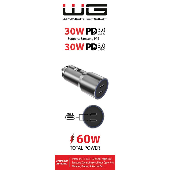 Autonabíječka WG 2xUSB 60W, 2xUSB-C PD 30W, šedá