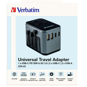 Cestovní adaptér VERBATIM UTA-03 2x USB-C, USB-A