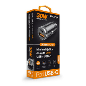 Mini nabíječka do auta Aligator 30W, PD, USB-C+USB