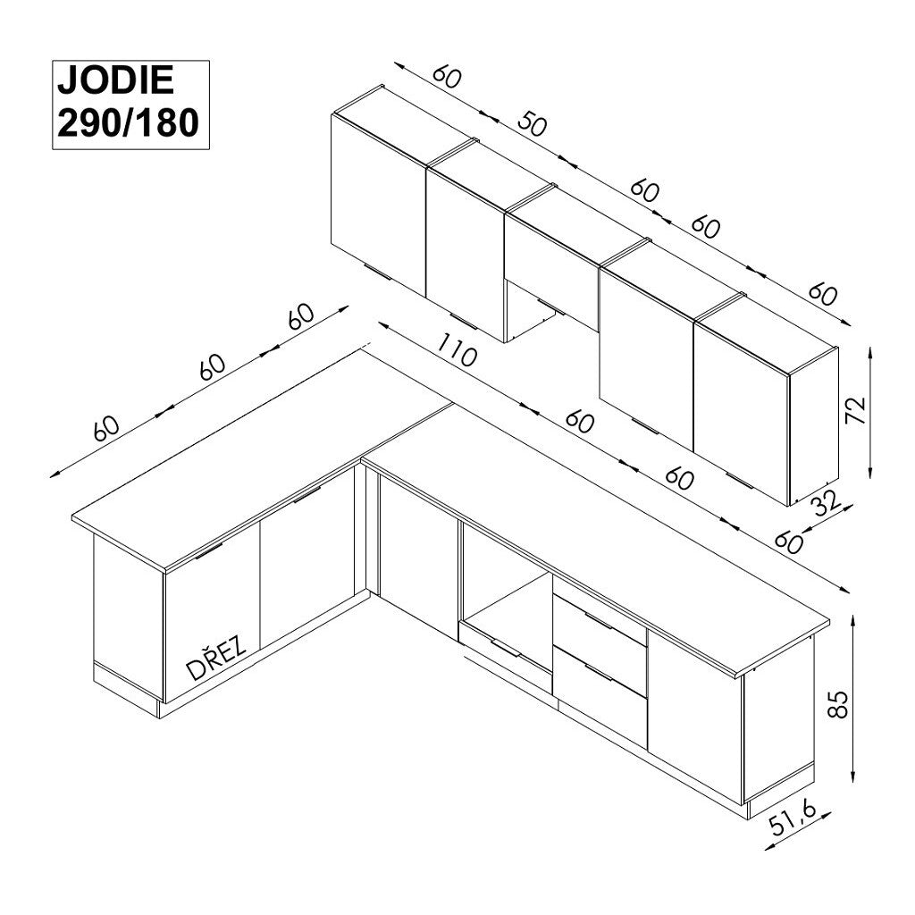 Rohová kuchyně Jodie pravý roh 290x180 cm(bílá,šedá,vysoký lesk)